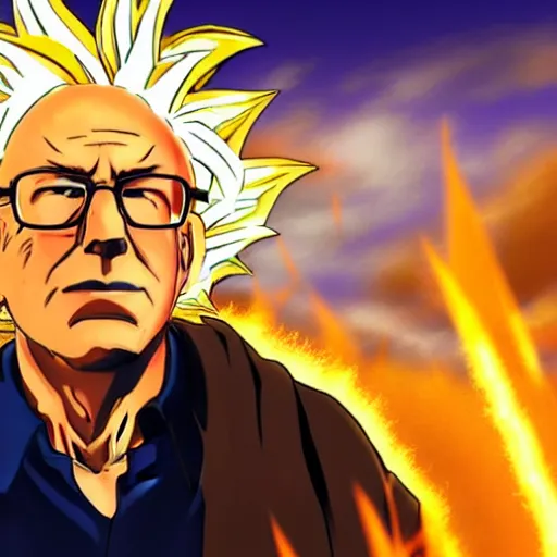 Prompt: portrait of Bernie Sanders from dragon ball z with glowing golden aura flying over a desert field, super saiyan 3, yellow spiky hair, high quality photo