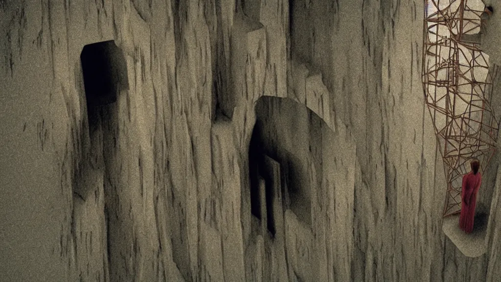 Image similar to acrophobia, film still from the movie directed by denis villeneuve and david cronenberg with art direction by zdzisław beksinski and dr. seuss