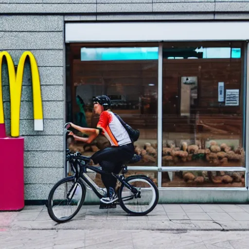 Image similar to cyclist in mcdonalds toilet eating donuts and drinking yerba mate