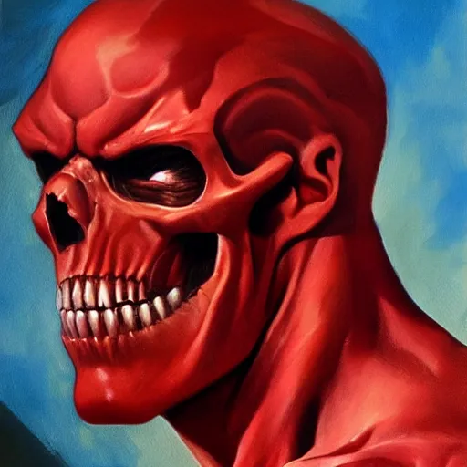 Image similar to ultra realistic head and shoulders portrait painting of red skull, art by frank frazetta, 4 k, ultra realistic, highly detailed, epic lighting