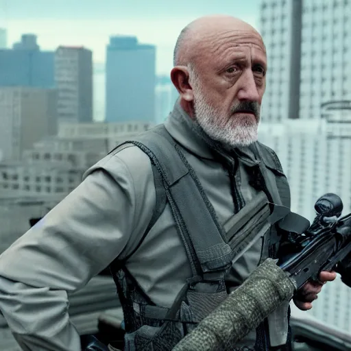 Image similar to film still of mike ehrmantraut aiming with a sniper rifle on a rooftop, 4 k, highly detailed