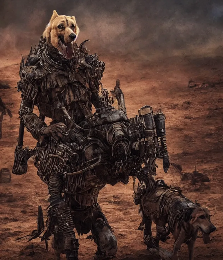 Image similar to a good ol'hound dog fursona ( from the furry fandom ), heavily armed and armored facing down armageddon in a dark and gritty version from the makers of mad max : fury road. witness me.