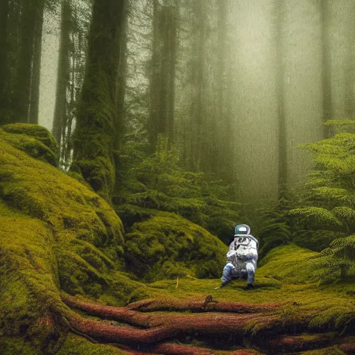 Prompt: photograph of an astronaut sitting inside a small wooden hut, heavy rain, alien planet, portrait picture, trees, forest, ferns, moss, wet, astronaut is relaxing