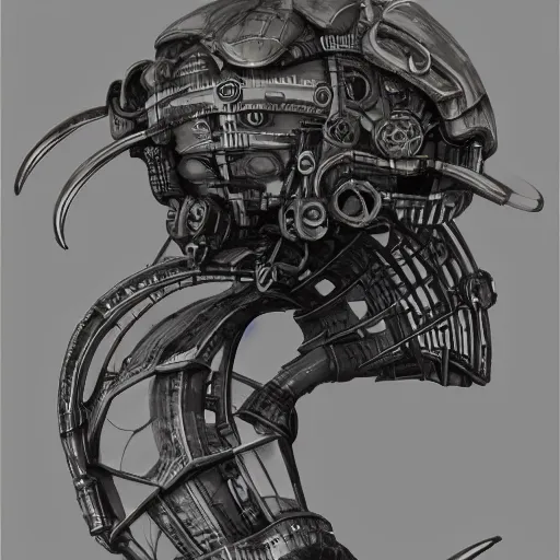 Prompt: steampunk scifi tech hardsurface shaped like a fossil, form exploration, big medium small, artstation, colored marker, syd mead, hr giger, concept art