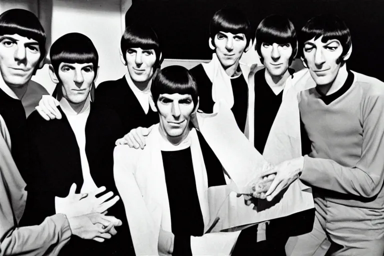 Prompt: leonard nimoy as mr spock with the beatles, color photograph, 1 9 6 0 s