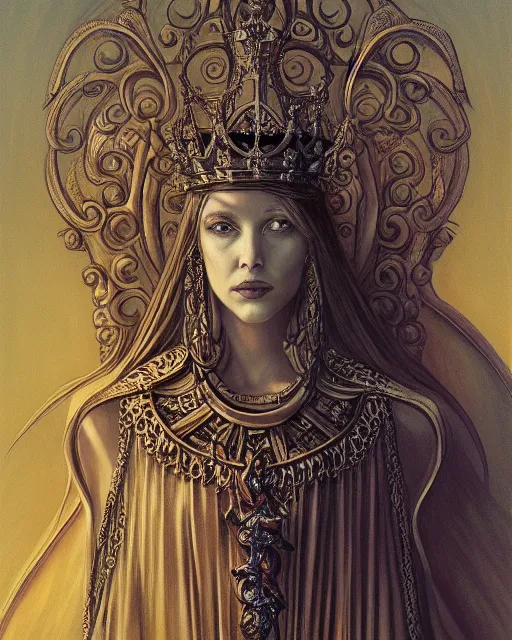 Prompt: full view Symbolic portrait of an ethereal Queen in a crown of sorrow wearing a ornate dress sitting on a throne by Gerald Brom and Jean Delville, detailed and realistic, featured on Artstation, soft lighting, behance