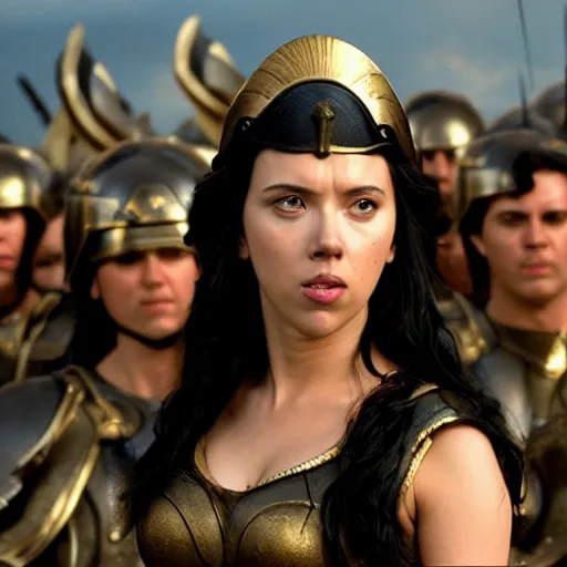 Image similar to black haired scarlett johansson as the greek goddess athena, leading an army in a battle, scene from live action movie