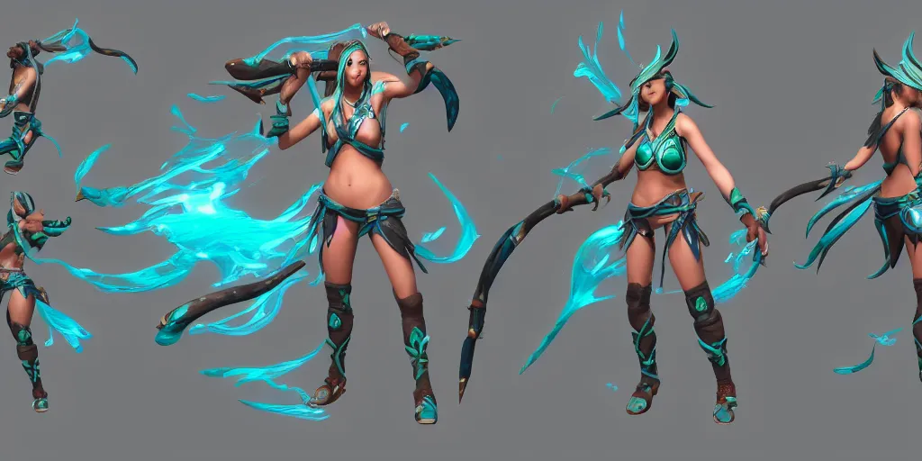 Prompt: character sheet of Ocean Song Akali (wild rift). 3d render, octane render, realistic, highly detailed, trending on artstation