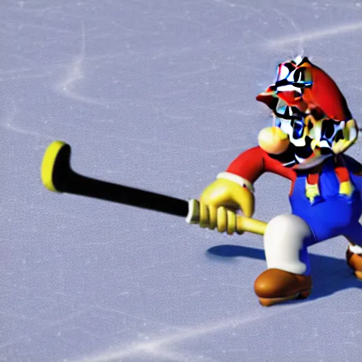 Image similar to super mario playing hockey, highly detailed, extremely high quality, hd, 4 k, 8 k, canon 3 0 0 mm, professional photographer, 4 0 mp, lifelike, top - rated, award winning, realistic, detailed lighting, detailed shadows, sharp, no blur, edited, corrected, trending