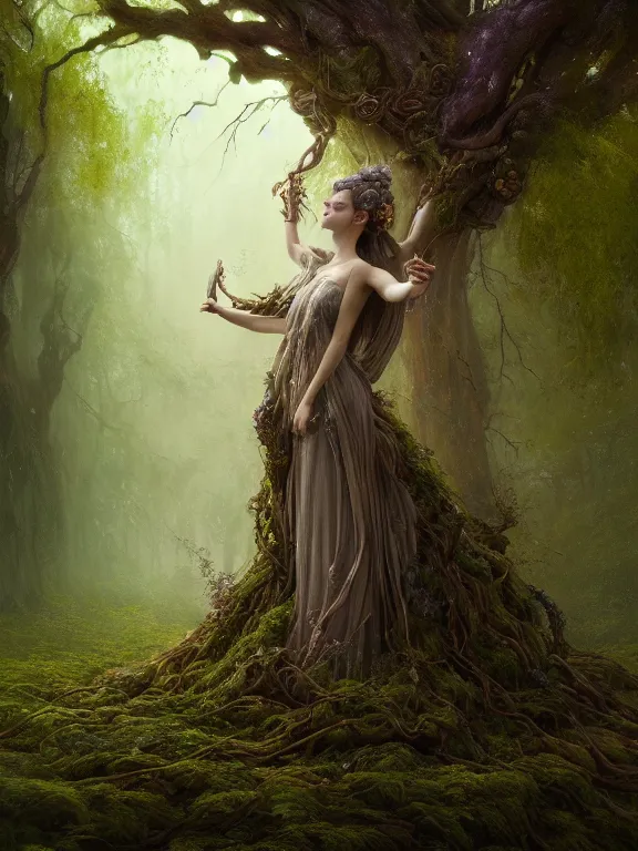 Image similar to Full View Portrait Mystical ethereal deity of oak trees wearing beautiful dress in a magic forest, Oak Dryad made of vines tree bark moss beautiful dress, 4k digital masterpiece by Greg Rutkowski and Ruan Jia and Tom bagshaw, Alberto Seveso, fantasycore, Hyperdetailed, realistic oil on linen, soft lighting, featured on Artstation, textured, stylized, intricate details