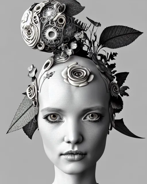 Image similar to monochrome 3 d model, 1 8 7 0 picture, silver mesh floral steampunk biomechanical beautiful young female cyborg with porcelain profile face and a techno eye, volumetric light, leaves foliage and stems, hibiscus flowers, sinuous fine roots, fine foliage lace, alexander mcqueen, rim light, big gothic fashion pearl embroidered collar, octane render, 8 k