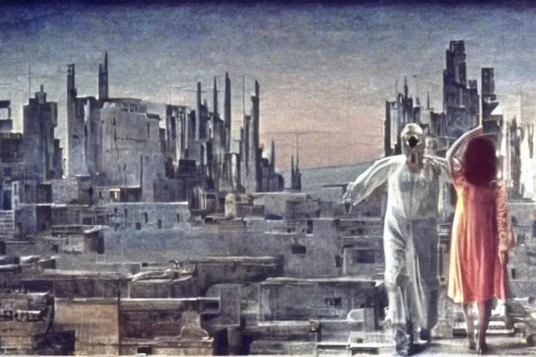 Image similar to a scene from the movie la felicita ( 1 9 7 1 ) by luchino visconti with mastroianni entering a scifi cyberpunk futurist city reminiscent of the ( ( ( ideal city by piero della francesca. technicolor ) ) ), cinematic, 5 0 mm, highly detailed