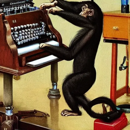 Image similar to a finely detailed painting of chimpanzee typing at a typewriter - there is a bottle of bourbon on the desk and a smouldering cigarette in the ashtray. In the style of norman rockwell