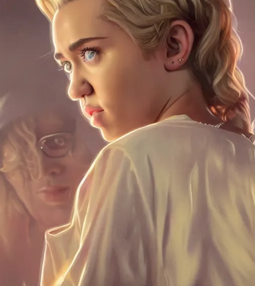 Prompt: still of miley cyrus with long blonde hair in an episode of stranger things, intricate, elegant, highly detailed, digital painting, artstation, concept art, smooth, sharp focus, illustration, art by artgerm and greg rutkowski and alphonse mucha