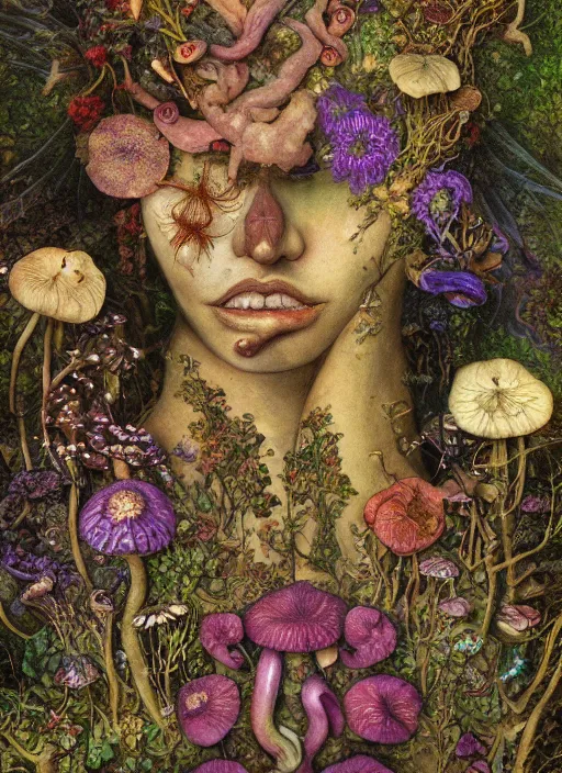 Prompt: arabesques grotesque painting with mushrooms, dandelions, crystals, ferns, beautiful fairy faces mixed in, by james jean and hiroshi yoshida and brian froud, photo, textured, colorful, 8 k resolution