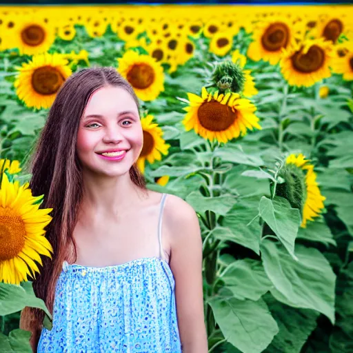 Prompt: Portrait, Illustration of a Ukrainian girl Smiling, Beautiful pretty young, flowers in her dark hair, Scene: Sunflower field, Colors: Yellow sunflowers, blue cloudy sky, In a style of Full Frame