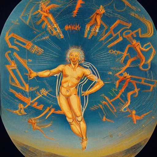 Prompt: painting of a humanoid being of pure light soaring through the firmament, surrounded by holy glyphs, detailed