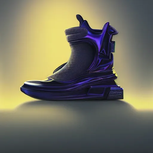 Image similar to futuristic balenciaga and vetements sneakers on gradient background, ultra rendered extreme realism and detail, 8 k, highly detailed, realistic, refined, bautiful, fine art photography, hyper realistic, in the style of greg rutkowski, by artgerm, by gustave dore, by marco turini, photorealistic, elegant, sharp focus, artstation,