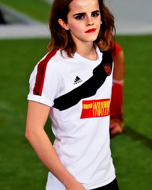 Image similar to a portrait of emma watson wearing lokomotiv football shirt, hyper realistic