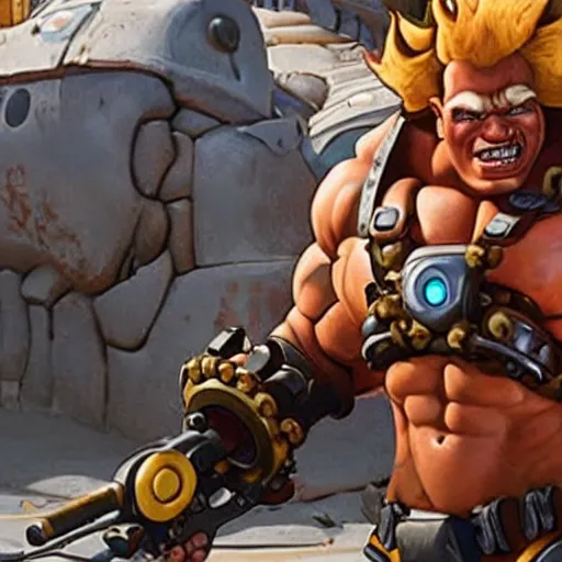 Image similar to a screenshot of arnold schwarzenegger as junkrat in overwatch