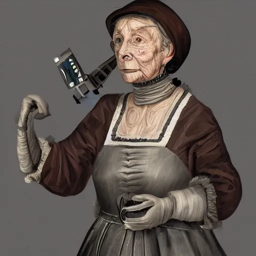 Prompt: Digital painting of a old 17th century old lady cyborg