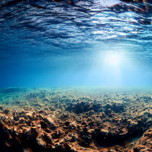 Image similar to ultrawide shot backlit ploughing the seabed underwater