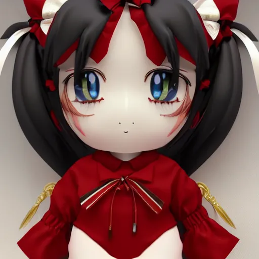 Prompt: cute fumo plush of a gothic maiden in a red and gold uniform, laces and ribbons, soft shadow, anime girl, vray, symmetry, white frame