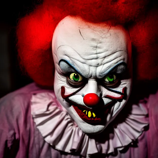 Image similar to creepy clown in a house at night, highly detailed, 8 k, hdr, smooth, sharp focus, high resolution, award - winning photo