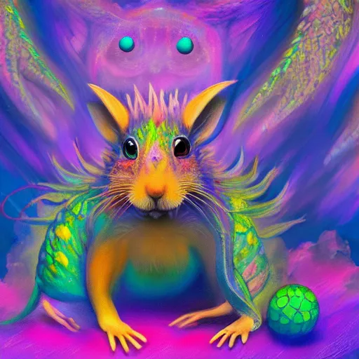 Image similar to an oilpainting of a psychedelic hamster dragon hybrid, hd, artstation, digital art, 4k, 8k