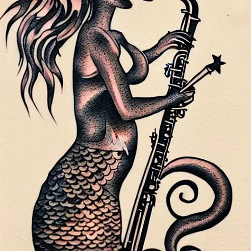 Image similar to american traditional tattoo art of a mermaid playing the saxophone, sheet paper