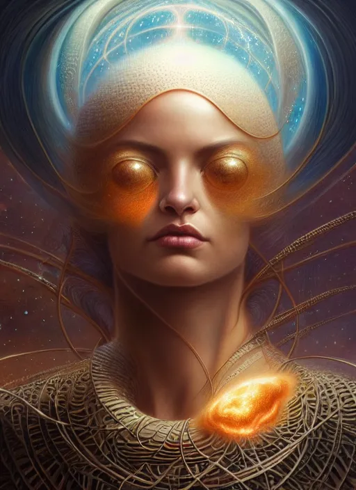 Image similar to closeup portrait shot of a beautiful cosmic woman in a scenic dystopian environment, intricate, elegant, highly detailed, centered, digital painting, artstation, concept art, smooth, sharp focus, illustration, artgerm, tomasz alen kopera, peter mohrbacher, donato giancola, joseph christian leyendecker, wlop, boris vallejo