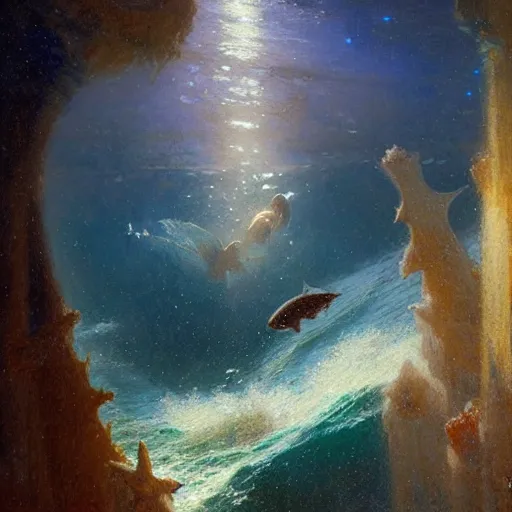 Prompt: point of view of deep in the ocean looking up, you see fishes, higher the milk way, night time, midnight. highly detailed painting by gaston bussiere, greg rutkowski 8 k