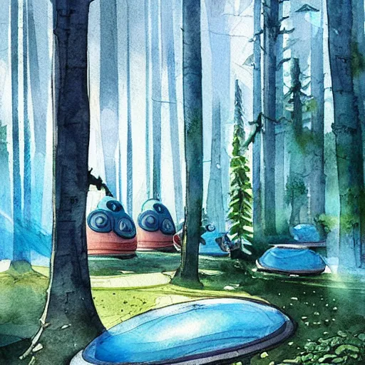 Image similar to beautiful happy picturesque charming organic sci - fi town with pod homes integrated in a forest area. water and trees. beautiful light. soft colour scheme. beautiful artistic detailed watercolor by lurid. ( 2 0 2 2 )