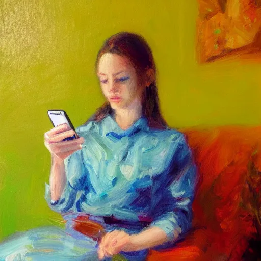 Prompt: a vivid impressionistic painting of a bored woman, she is holding a smartphone, oil on canvas, trending on artstation