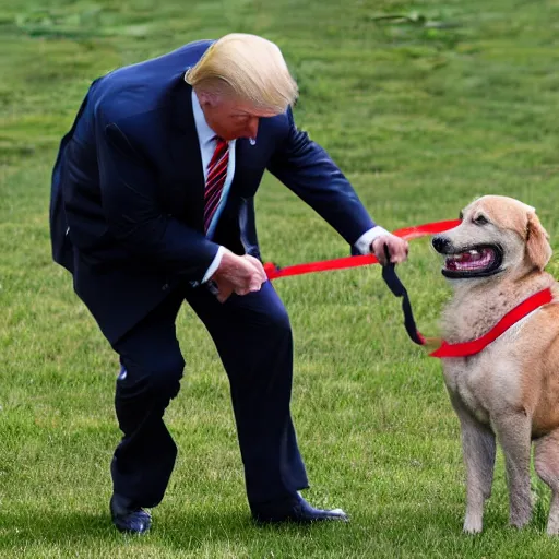 Prompt: Detailed photo of Donald Trump getting bitten by a Dog in the park.