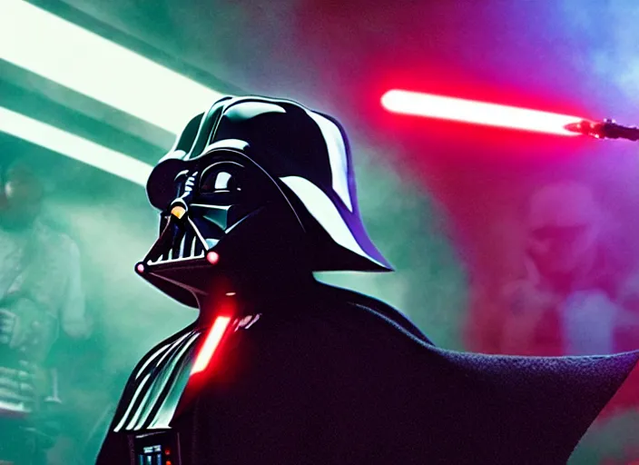 Prompt: film still of Darth Vader goes to a rave in the new Star Wars movie, 4k