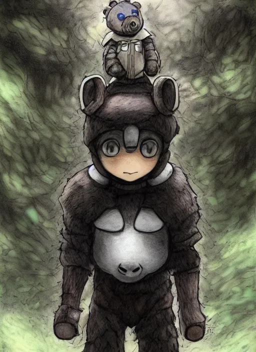 Image similar to beautiful little boy wearing an cyborg bear suit, artwork in kentaro miura and made in abyss and rosdraws, smooth, beautiful lightness, anatomically correct, trending on pixiv, forest