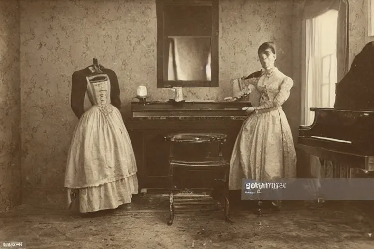 Prompt: detailed well - preserved photo of female android in beautiful victorian dress standing in decaying guest room with piano and chair