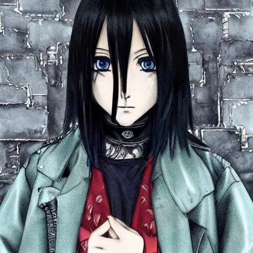 Image similar to 1 7 - year - old anime goth girl, black hair, long bob cut, long bangs, gothic coat, long bangs, united kingdom, rainy day, small town in great britain, midlands, english village, ultra - realistic, sharp details, cold lighting, blue and gray colors, intricate details, subsurface scattering, hd anime, 2 0 1 9 anime