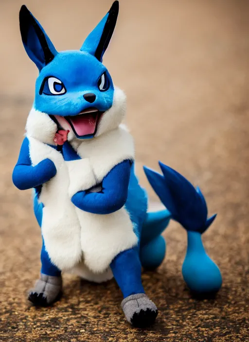 Image similar to portrait photo still of real life pokemon character lucario, 8 k, 8 5 mm f 1. 8