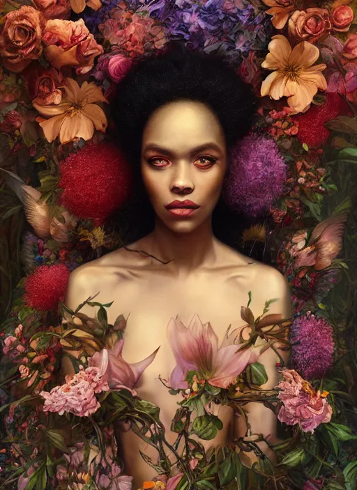 Image similar to portrait of the african queen of the underworld, surrounded by flowers by karol bak, james jean, tom bagshaw, rococo, sharp focus, trending on artstation, cinematic lighting, hyper realism, octane render, 8 k, hyper detailed.