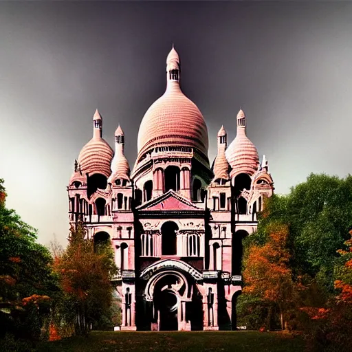 Image similar to abandoned Basilica of Sacré Coeur de Montmartre, toxic orange and pink clouds strain the sunlight, stark contrasting lighting, contrejour, a two-headed mutated deer-like creature looks on in the distance from the sparse twisted silhouetted foliage, a highly detailed colorful matte painting by Scott Listfield and Mikko Lagerstedt, featured on Artstation, Unreal Render, 8k HDR, fisheye