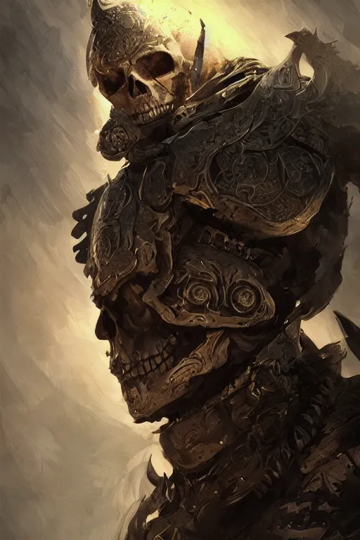 Image similar to concept art skull warrior, close - up portrait, powerfull, intricate, elegant, volumetric lighting, scenery, digital painting, highly detailed, artstation, sharp focus, illustration, concept art, ruan jia, steve mccurry