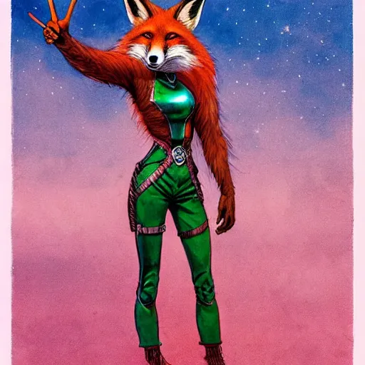 Prompt: a female anthro!! Fox wearing leather clothes and doing the peace sign standing in front of a Starbucks. Inked and colored, hyper realism, high detail, illustration, marvel comic, iridescent accents, by Bruce Pennington, trending on artstation, very coherent symmetrical artwork.
