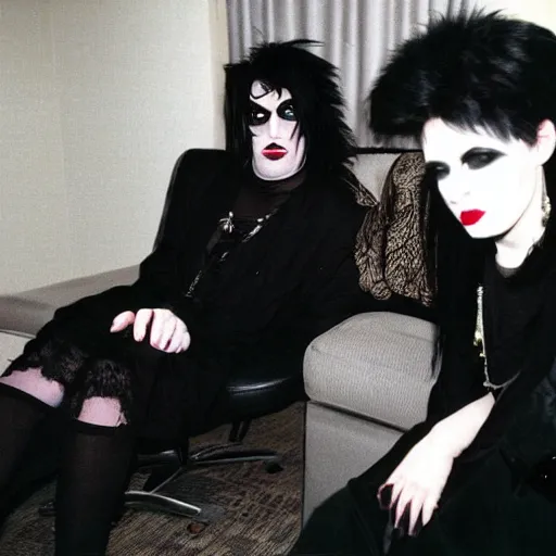 Prompt: sad goths hanging out in a hotel room, 1990s photograph