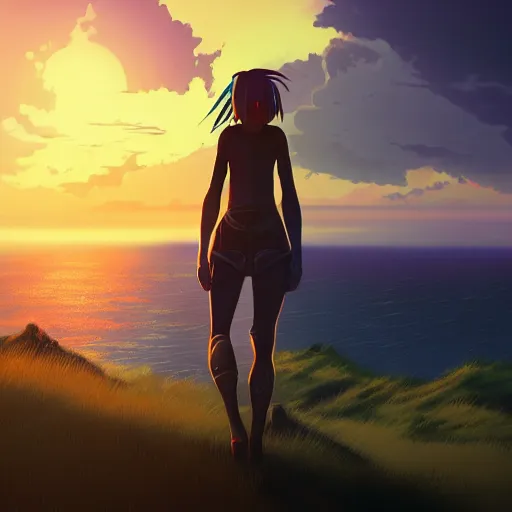 Image similar to A cyborg girl standing on the hill looking at the sea with a sunset in style of Makoto Shinkai and Cyberpunk. ArtStation, 8K, Highly Detailed, Intricate, Album Art.