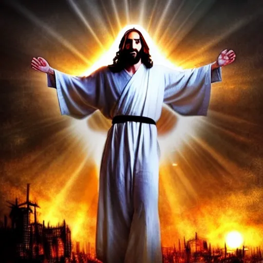 Image similar to jesus christ in a white robe strikes a dramatic dance pose on dead bodies in streets of an apocalyptic metropolis destroyed after war, fantasy art, dramatic lighting, insane details