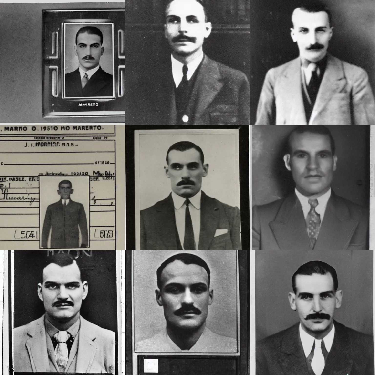 Prompt: 1930s ID portrait of Mario Mario arriving at Ellis Island