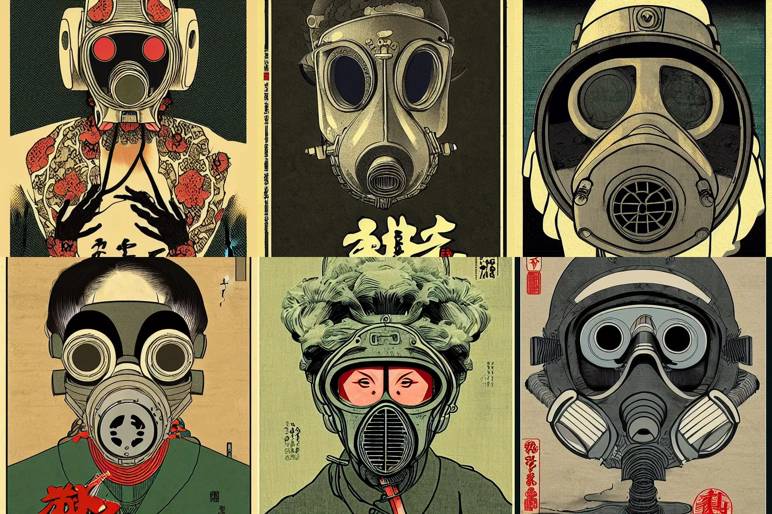 Prompt: Gas mask in Ukiyo-e style, haunting, insanely detailed and intricate, movie poster style