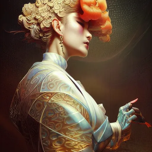 Prompt: japanese waitress, intricate, elegant, wavy, zig zag, jagged, varnished, rgb crt scanlines, highly detailed, smooth, sharp focus, award - winning, masterpiece, in the style of tom bagshaw, cedric peyravernay, peter mohrbacher, pinterest